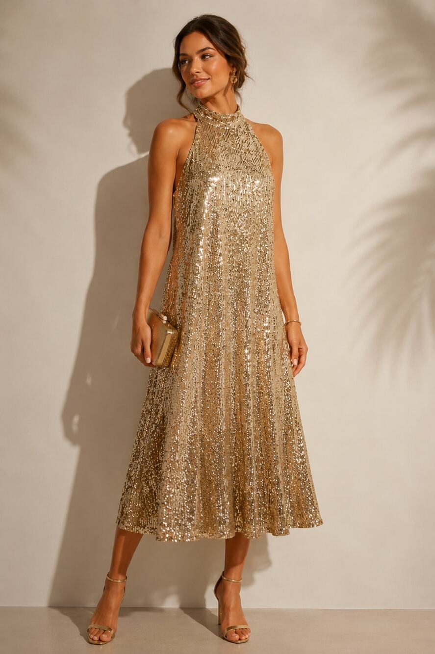 Ann Taylor SZ 6 Sequin Mock Neck Midi Dress Gold